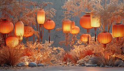 Warm glowing lanterns illuminate a mystical forest scene with autumn foliage