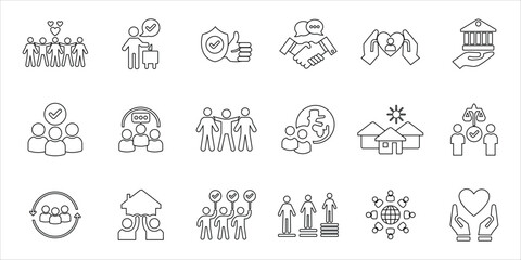 community icons set. people, diversity, village, human rights, collective action, neighbohood and more. simple line vector