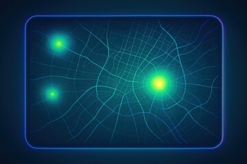Obraz premium Digital network map showcasing interconnected nodes illuminated in vibrant shades of green and blue, representing data flow and connectivity in smart city environments