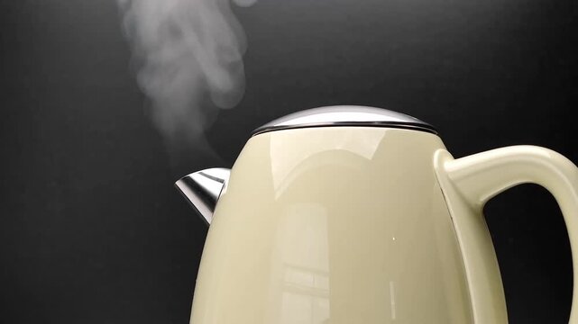 Cream beige retro electric kettle with a silver lid boiling water, with a plume of white steam rising