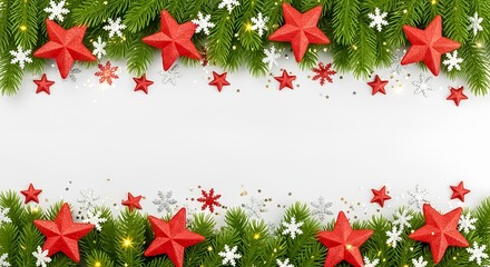 Pine leaves, christmas frame with holly. Festive Flat Lay Christmas Decoration with Red Star and Snowflake Ornament