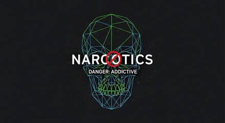 Digital wireframe skull symbolizing the danger of narcotics addiction.