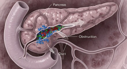 Anatomical illustration of pancreas and duct obstruction viewed from a detailed medical perspective