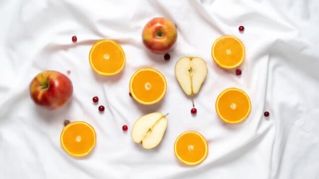 Fresh Fruit Arrangement: Slices of Oranges, Apples, Pears and Berries on White Linen Fabric