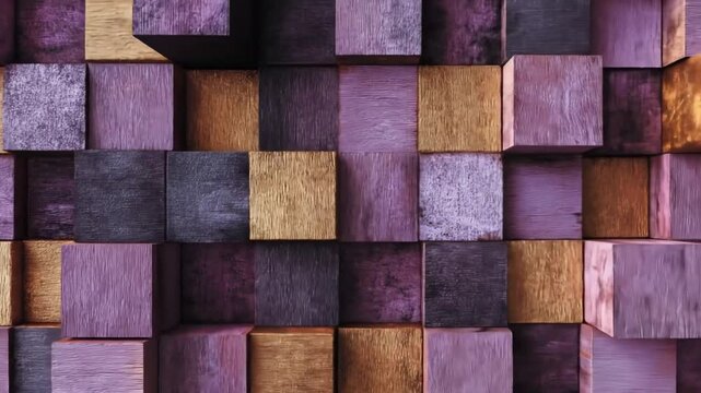 Abstract 3D background of textured geometric cubes in purple, violet, and gold tones. Modern dimensional block pattern wall texture.