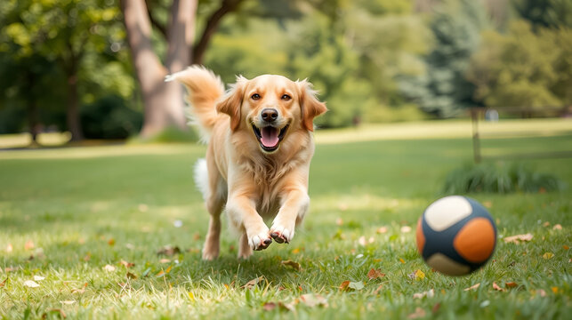 A golden retriever playfully fetching a ball in a lush park, animal companionship, dynamic action shot