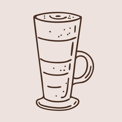 Tall latte glass with foam. Hand drawn outline vector isolated illustration 