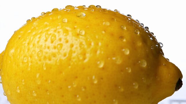 Close up of a whole fresh bright yellow lemon covered in water droplets