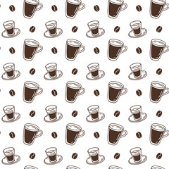 Seamless pattern with handdrawn espresso cups and coffee mugs on white background. Vector outline style print.