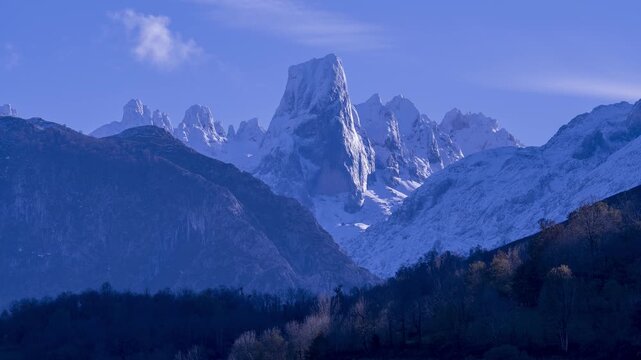 Sunset in the Naranjo de Bulnes or Picu Urriellu timelapse in the Picos de Europa National Park in Asturias, Spain