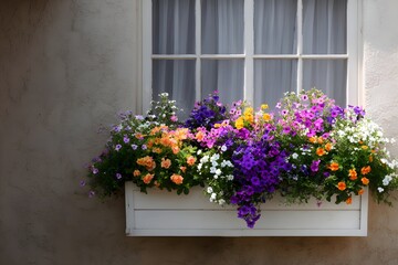 Fototapeta premium Window Box Overflowing with Colorful Flowers Beneath Window Charming Garden Home Decor