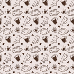 Seamless pattern with handdrawn coffee cups and latte glasses on beige background. Vector outline style print.