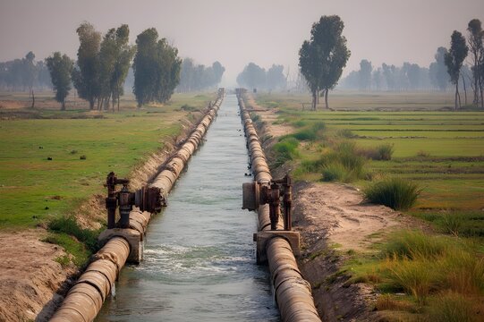 Multiple Tubewells In A Row Along An Irrigation Canal Rural Landscape Agricultural Water Management System