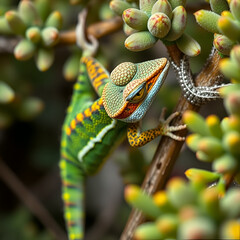 A stunning Robertson Dwarf Chameleon (Bradypodion gutturale), also known as a Little Karoo dwarf chameleon, climbing in the fynbos in the Western Cape, South Africa