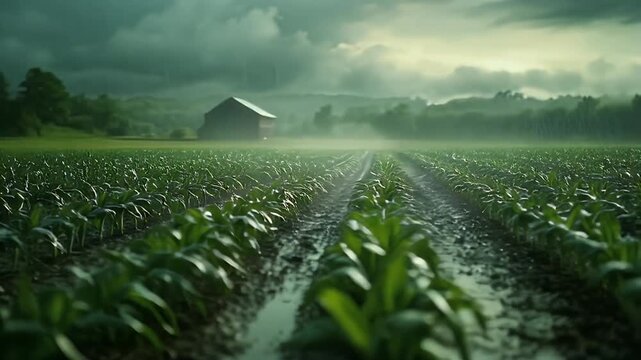 Rainy Rural Landscape With A Barn In The Distance And Rows Of Green Crops Under Dramatic Cloudy Sky