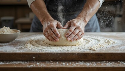 close up of baker hands kneading dough with flour on rustic wooden table