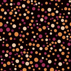 Seamless Colorful Polka Dot Pattern on Black Background – warm color Dots. Bright cheerful design suitable for fabrics, wrapping paper, textiles, kids products, backgrounds, wallpapers, prints