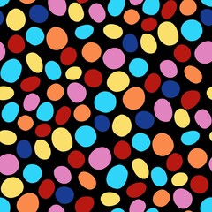 Seamless Colorful Polka Dot Pattern on Black Background – Bright Multicolor Dots. Bright cheerful design suitable for fabrics, wrapping paper, textiles, kids products, backgrounds, wallpapers, prints