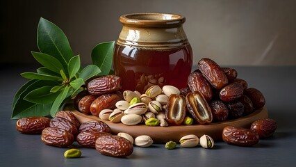 A Jar of Honey Surrounded by Dates and Pistachios with Green Leaves.