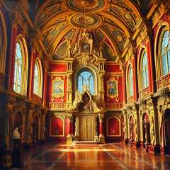 An oil painting depicts a realistic fictionalized interior of a grand golden-red castle with intricate details of the royal palace as its backdrop Fantasy Concept Art