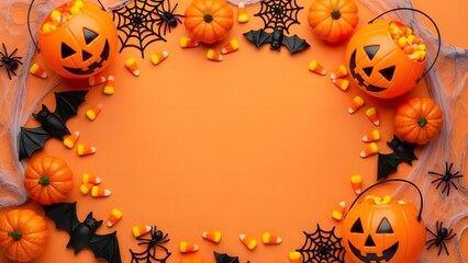 Halloween frame border with jack o lantern candy bucket spider web bat decoration and candy corn on orange background