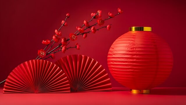 Vibrant red chinese new year decoration setup featuring a traditional lantern, plum blossom branch, and folded fans against a solid red background - Powered by Adobe