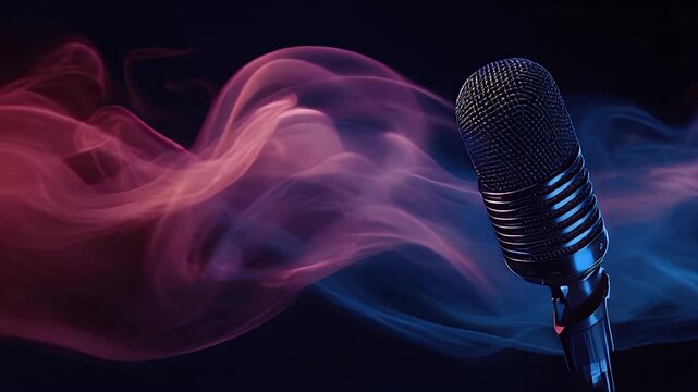 Retro Microphone With Abstract Swirling Smoke Effect In Blue And Pink Hues Illuminated By Neon Lights
