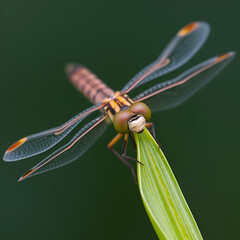 Macro photo of mature dragonfly, Libellula depressa, on green leaf. Adult insect intricate details of segmented body, large compound eyes, delicate wings. Blurred background emphasizes dragonfly in
