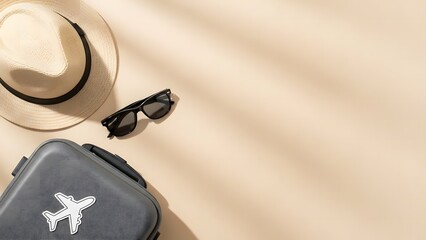 Overhead view of travel essentials including a suitcase, straw hat, and sunglasses casting shadows on a beige surface
