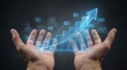 Two open hands supporting a glowing blue digital bar graph with an upward trend arrow and numerical indicators against a dark background Business Finance Growth Success Increase Data