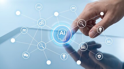 A finger interacts with a glowing AI interface showing a head silhouette connected to various icons representing data communication and analytics on a digital screen Artificial intelligence