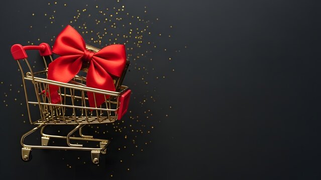 Miniature golden shopping cart with a bright red gift bow on a dark background with gold glitter