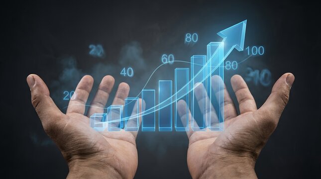 Two open hands supporting a glowing blue digital bar graph with an upward trend arrow and numerical indicators against a dark background Business Finance Growth Success Increase Data - Powered by Adobe