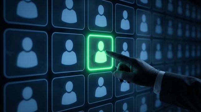 A human hand in a suit selects a glowing green profile icon from a grid of silhouette user icons displayed on a dark digital screen selection person technology computer interface network