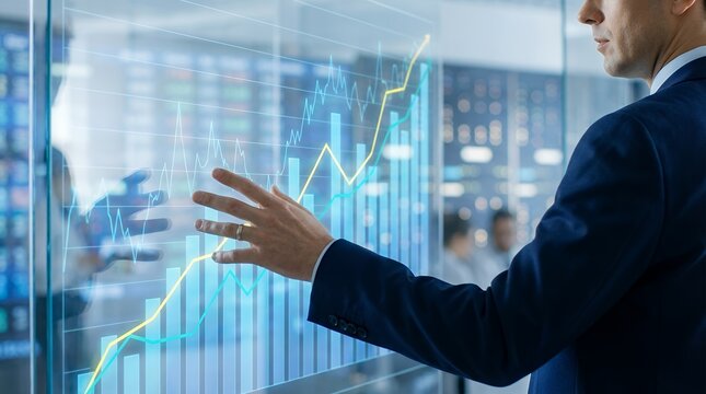 Businessman in dark suit analyzing upward financial graph data projected on a transparent screen in a modern office environment Finance Analysis Stock market Investment Growth Performance