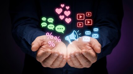 Hands holding digital icons representing communication engagement sales promotions and video content suggesting online marketing strategies and digital presence Social Media Internet