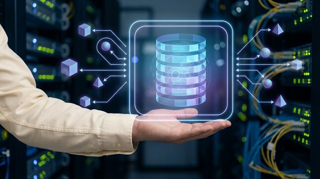 Hand presenting glowing digital database icon with abstract shapes and arrows in a server room with blinking lights and cables Technology Network Information Storage Computing Connection