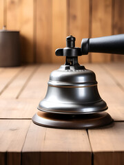 Bell metal service on wood ground with blurred wooden background. Panorama crop size