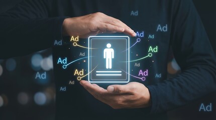 A person's hands hold a glowing interface displaying a user icon surrounded by animated Ad notifications and colorful connecting lines indicating digital promotion advertising digital marketing