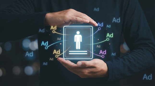 A person's hands hold a glowing interface displaying a user icon surrounded by animated Ad notifications and colorful connecting lines indicating digital promotion advertising digital marketing