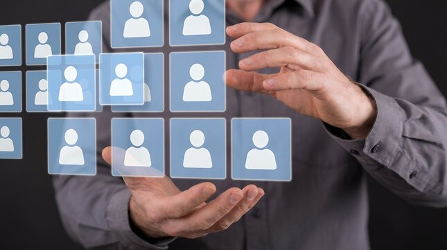 A person's hands interact with a digital interface displaying multiple profile icons arranged in a grid showcasing selection and management of individuals People Human Network Technology