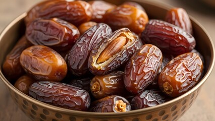 A rustic metal bowl filled with sweet dried dates fruit.