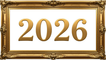 Golden frame displaying the year two thousand and twenty six against a black background center stage