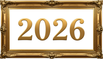 Golden frame displaying the year two thousand and twenty six against a black background center stage