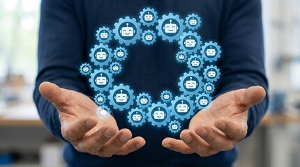 A man's open hands present a circular arrangement of blue gear icons each featuring a smiling robot face symbolizing automation and interconnected technology in a modern context Gears