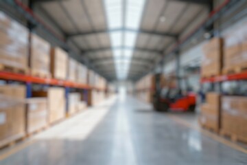Defocused Background of Modern Warehouse Interior with Forklift and Stacked Cardboard Boxes in a Bright Environment. Blurred Background Photo.
