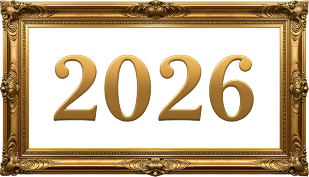 Golden frame displaying the year two thousand and twenty six against a black background center stage