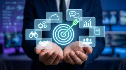 Businessman's hands present digital interface with target arrow cloud gears binoculars handshake chat bubbles graph document and people icons goal strategy success technology concept