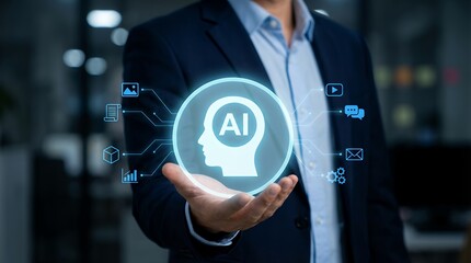 A businessman holding a glowing digital interface showing an artificial intelligence head icon and various data processing symbols representing technological innovation and digital solutions