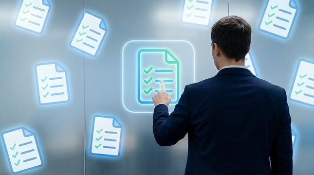 A businessman in a dark suit interacts with glowing digital to do lists and checklist icons displayed on a light blue futuristic interface representing task management Interactive Todo